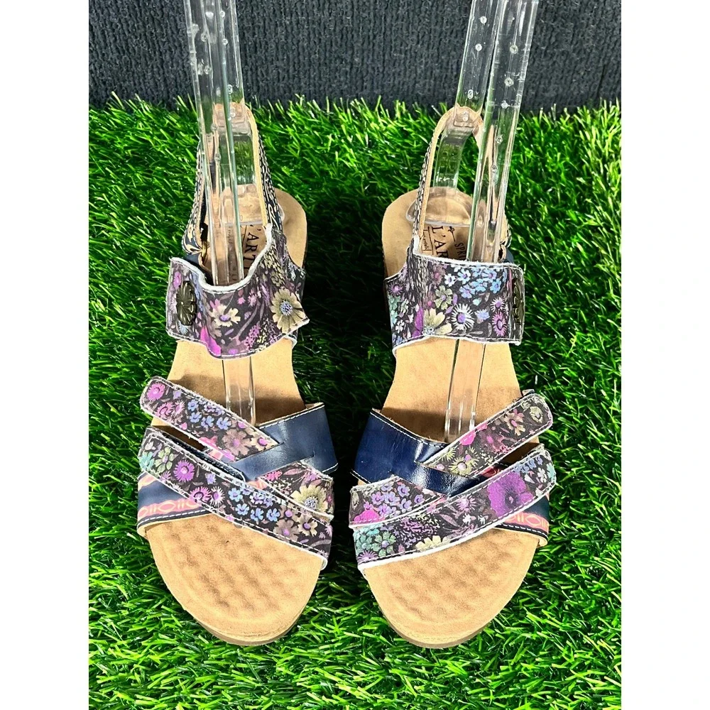 L'Artiste Spring Step Rolzah Floral Leather Wedge Sandals Navy Blue 38 US 7.5-8